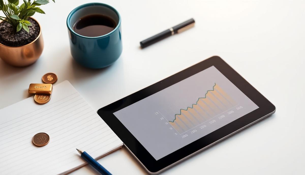 Pracovní stůl s tabletem, zlatem a poznámkami pro začátek investování